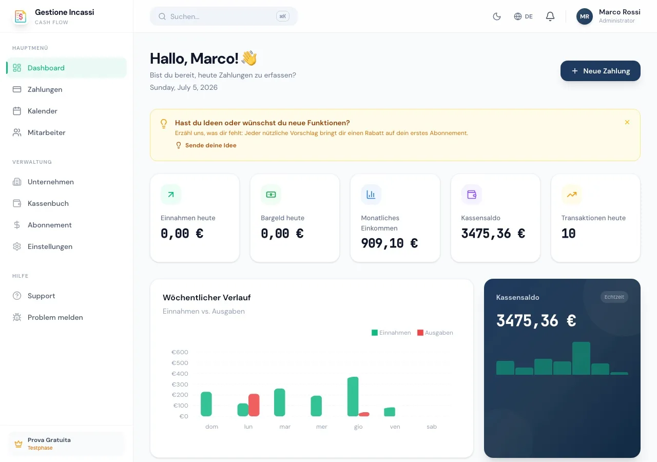 Gestione Incassi Dashboard mit Tagesstatistiken und Wochentrend